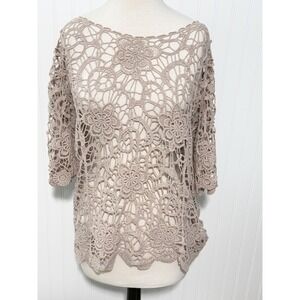 Umgee Crochet Knit Top Cream Beige Medium Bohemian Cottagecore 3/4 Sleeve‎